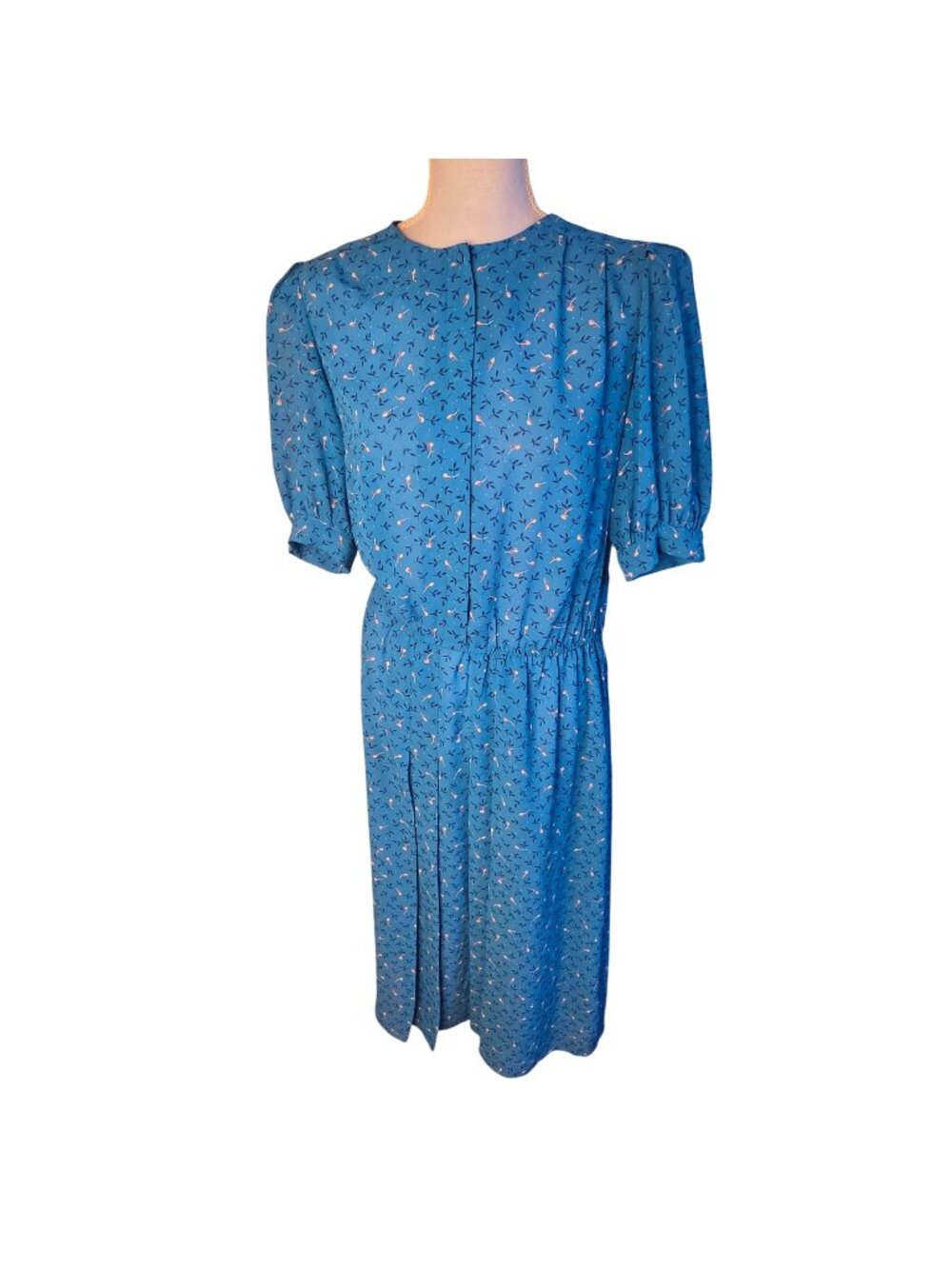 Vintage 80s JT Dress Blue Floral Puff Sleeve Midi Cottagecore Prairie Boho Sz M